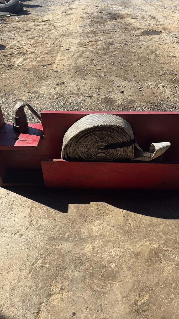 Vintage SF 500 PSI Industrial Fire Hose with Red Wooden Storage Caddy